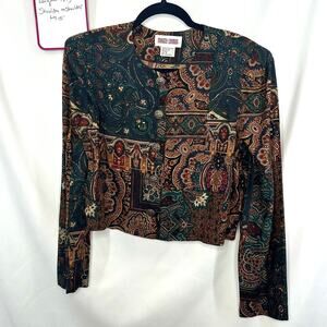 Vtg 1990s Maggy London Green Gold Bolero Jacket Size 8 Bohemian Dark Academia